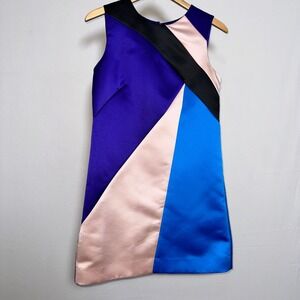 Milly Colorblock Satin Shift Dress Blue Pink Purple Sleeveless Size 6 Made USA